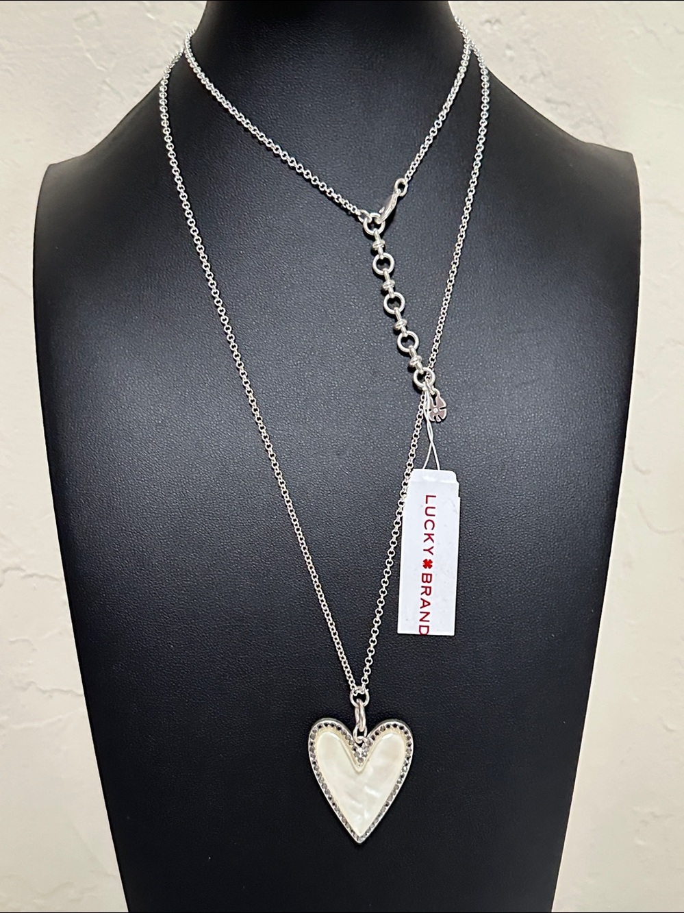 Lucky Brand Reversible Heart Shaped Mother Of Pearl Long Silver Tone Necklace